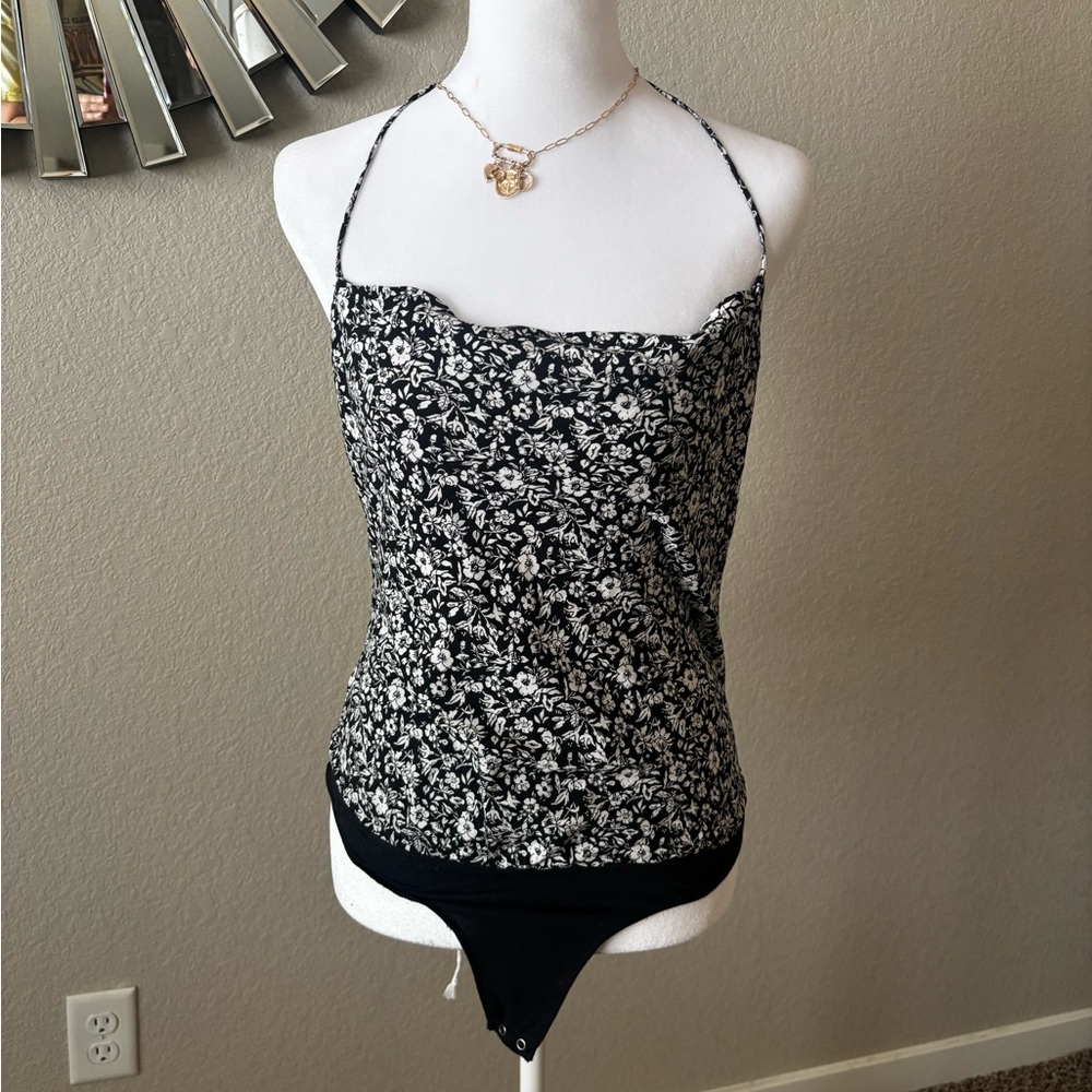 Abercrombie & Fitch Black and White Floral Slim Cami Bodysuit